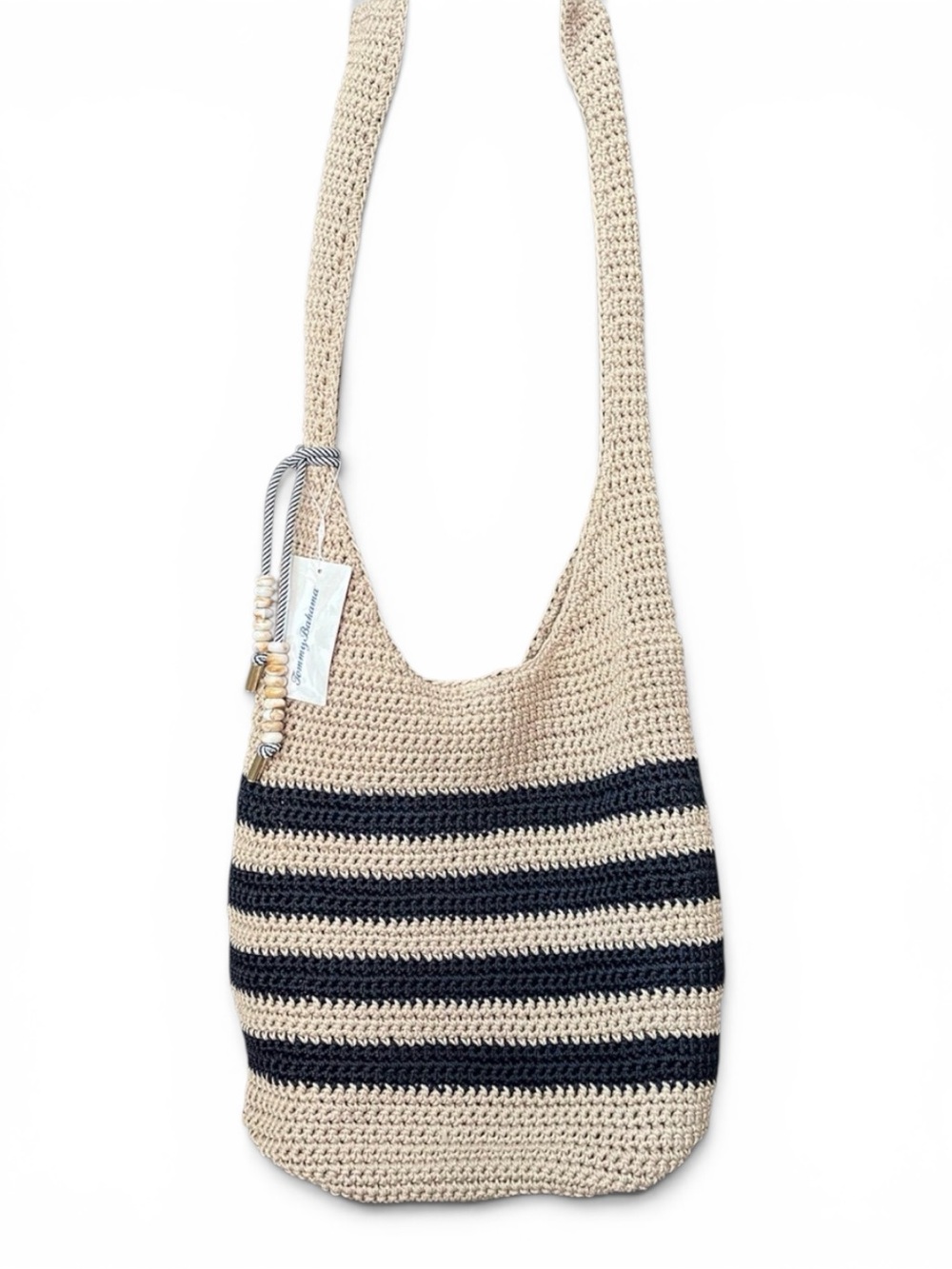 NWT Tommy Bahama Crocheted Striped Boho Crossbody Bag Beaded Cord Embellished